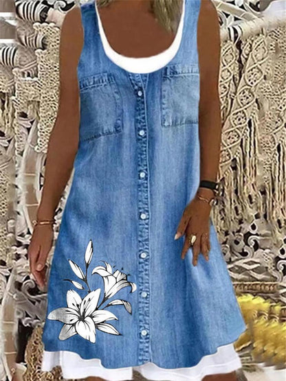 Imitation Denim Sleeveless Round Neck Mini Dress