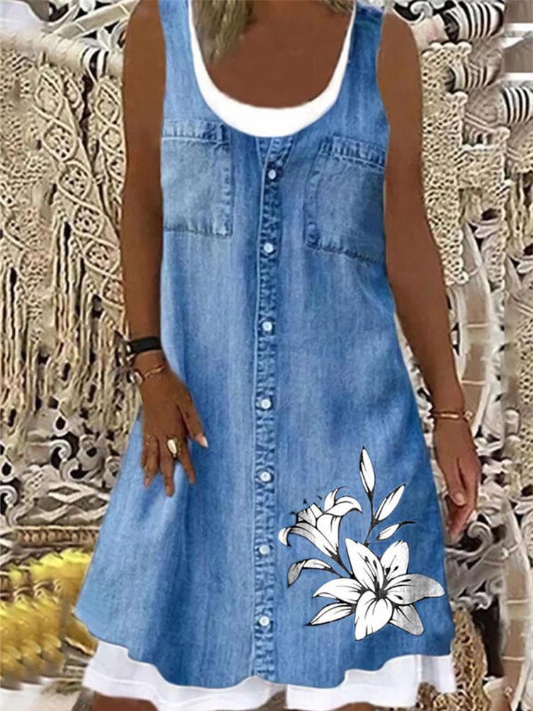 Imitation Denim Sleeveless Round Neck Mini Dress