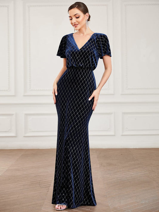 V Neck Fishtail  Evening Dresses with Short Ruffles Sleeves EE0323ANB04 Navy Blue / 4