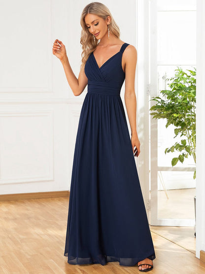 Bridesmaid Dresses with Deep V Neck and Pleated Decoration