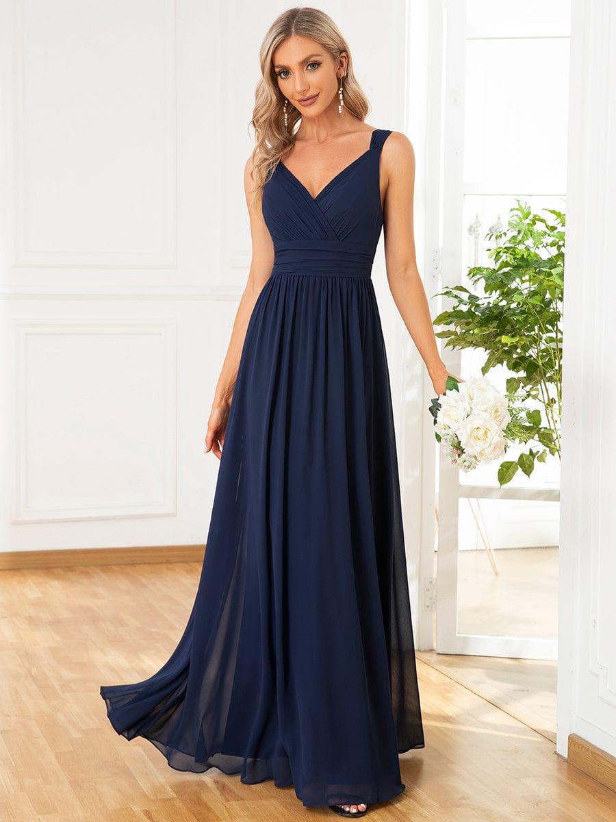 Wholesale Bridesmaid Dresses with Deep V Neck and Pleated Decoration EE0162ANB04 Navy Blue / 4