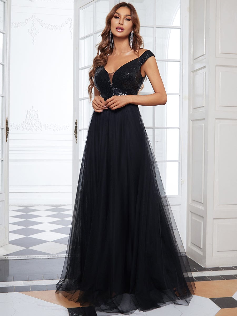Wholesale Off Shoulder Tulle & Sequin Sleeveless Evening Dress EE00279BK04 Black / 4