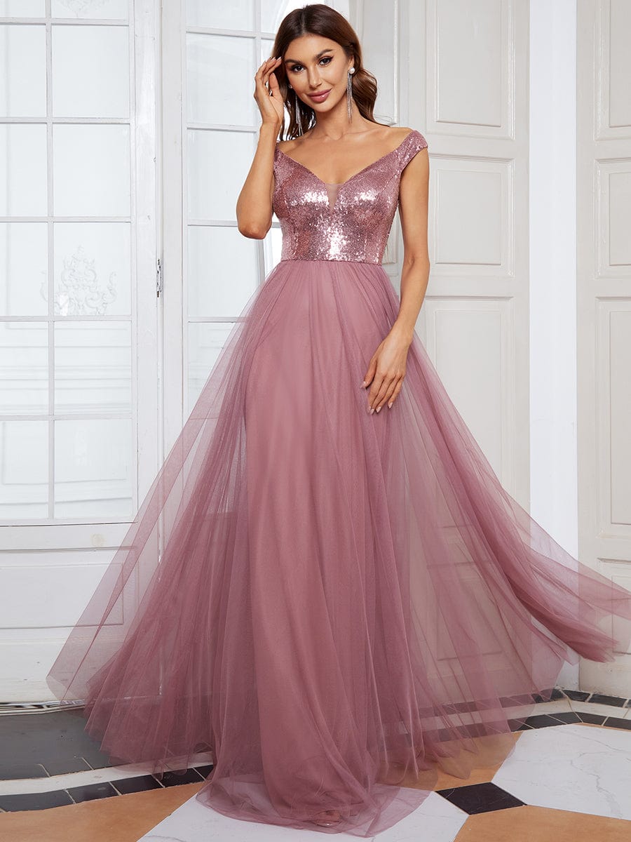 Wholesale Off Shoulder Tulle & Sequin Sleeveless Evening Dress EE00279OD04 Orchid / 4