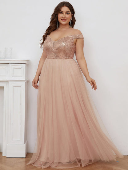 Wholesale Off Shoulder Tulle & Sequin Sleeveless Evening Dress EE00279RG16 Rose Gold / 16