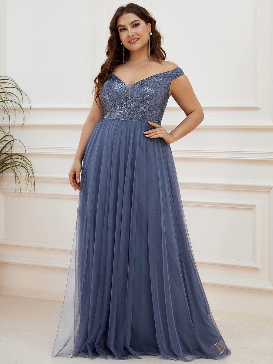 Wholesale Off Shoulder Tulle & Sequin Sleeveless Evening Dress EE00279DN16 Dusty Navy / 16