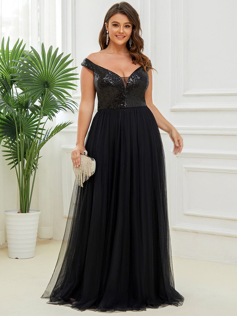 Wholesale Off Shoulder Tulle & Sequin Sleeveless Evening Dress EE00279BK16 Black / 16
