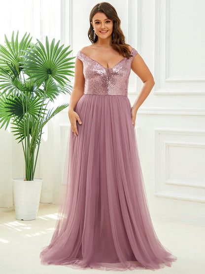 Wholesale Off Shoulder Tulle & Sequin Sleeveless Evening Dress EE00279OD16 Orchid / 16