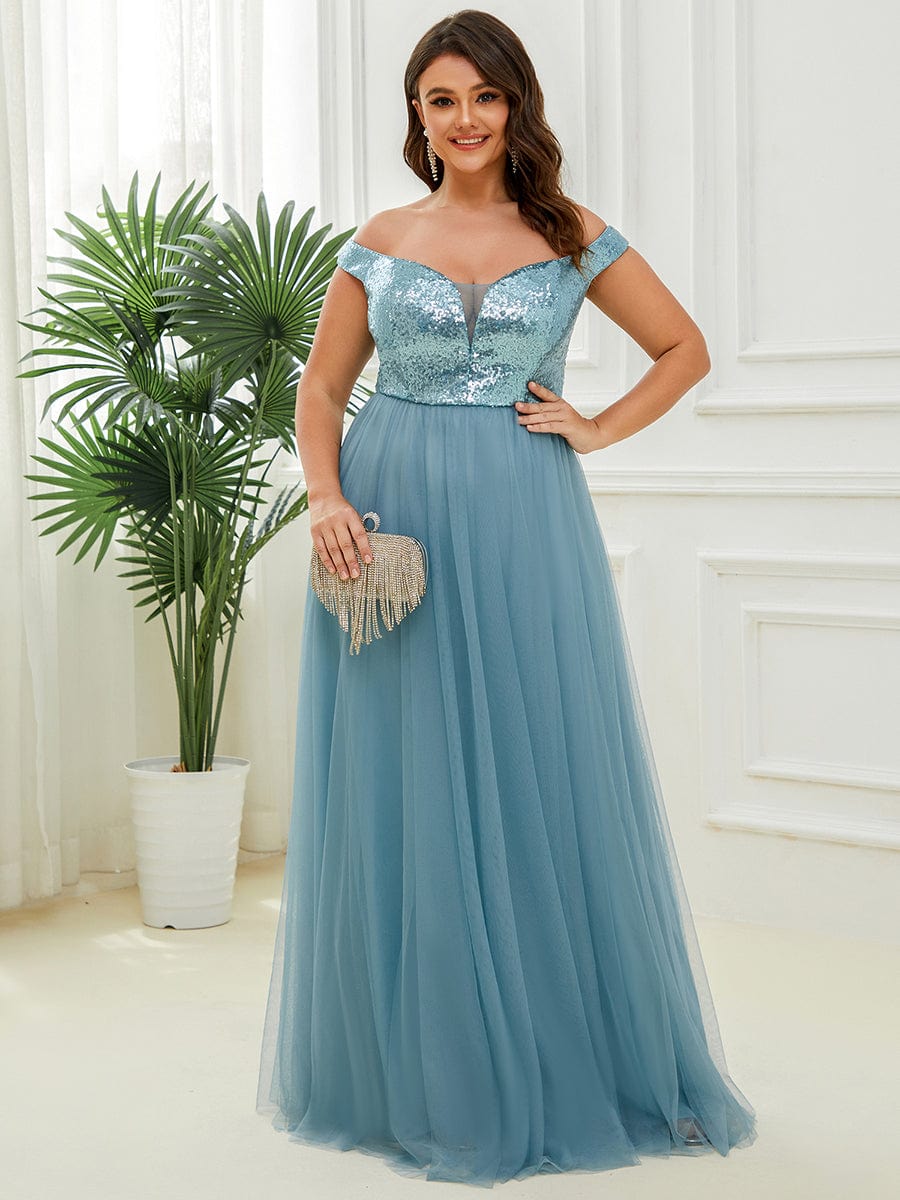 Wholesale Off Shoulder Tulle & Sequin Sleeveless Evening Dress EE00279DB16 Dusty Blue / 16