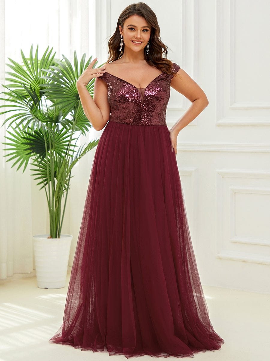 Wholesale Off Shoulder Tulle & Sequin Sleeveless Evening Dress EE00279BD16 Burgundy / 16