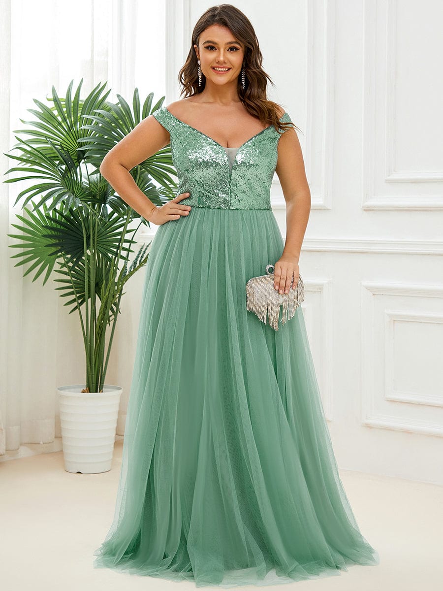 Wholesale Off Shoulder Tulle & Sequin Sleeveless Evening Dress EE00279GB16 Green Bean / 16