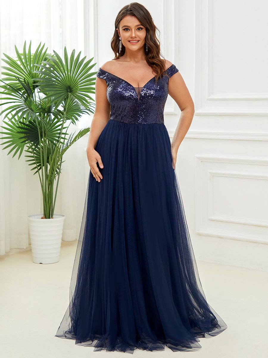 Wholesale Off Shoulder Tulle & Sequin Sleeveless Evening Dress EE00279NB16 Navy Blue / 16