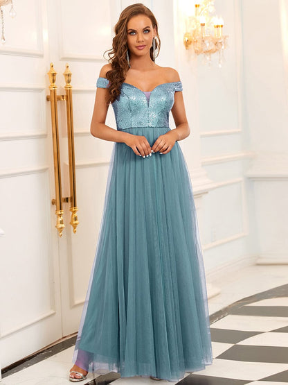 Wholesale Off Shoulder Tulle & Sequin Sleeveless Evening Dress EE00279DB04 Dusty Blue / 4