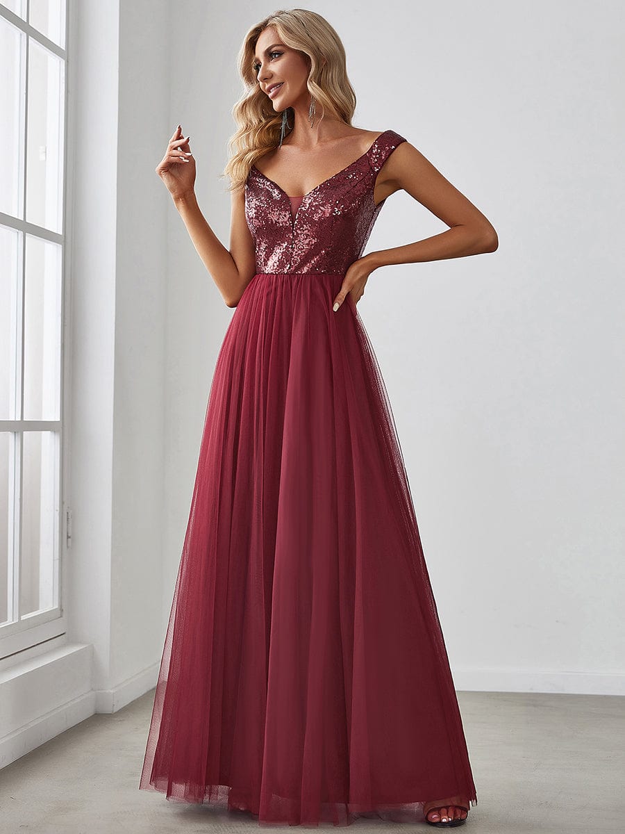 Wholesale Off Shoulder Tulle & Sequin Sleeveless Evening Dress EE00279BD04 Burgundy / 4