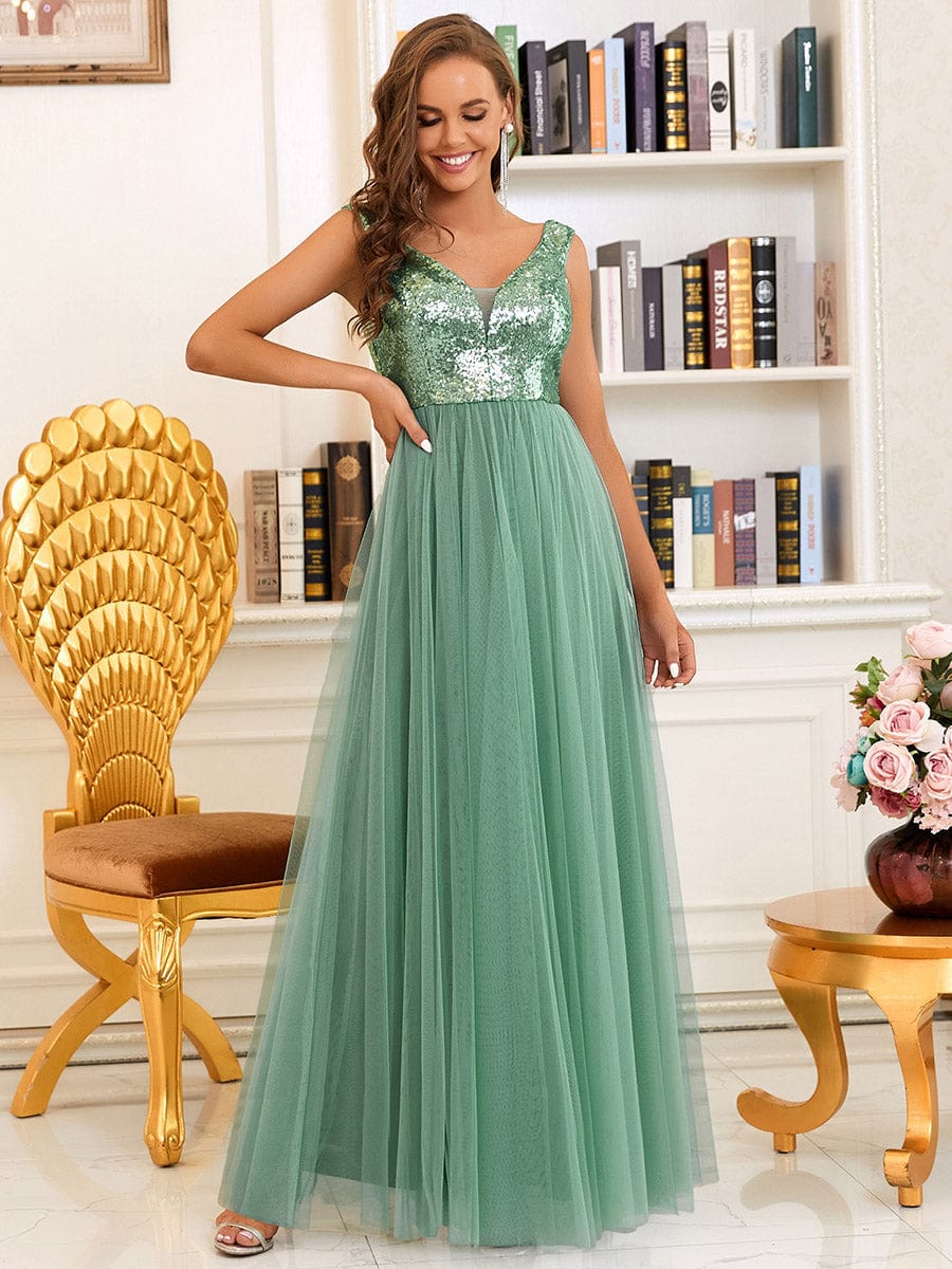 Wholesale Off Shoulder Tulle & Sequin Sleeveless Evening Dress EE00279GB04 Green Bean / 4