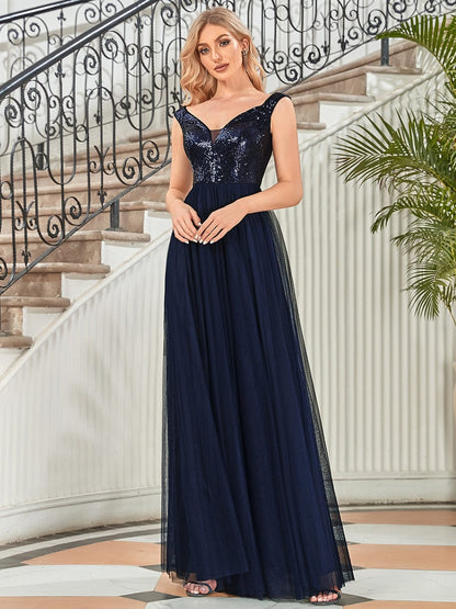 Wholesale Off Shoulder Tulle & Sequin Sleeveless Evening Dress EE00279NB04 Navy Blue / 4