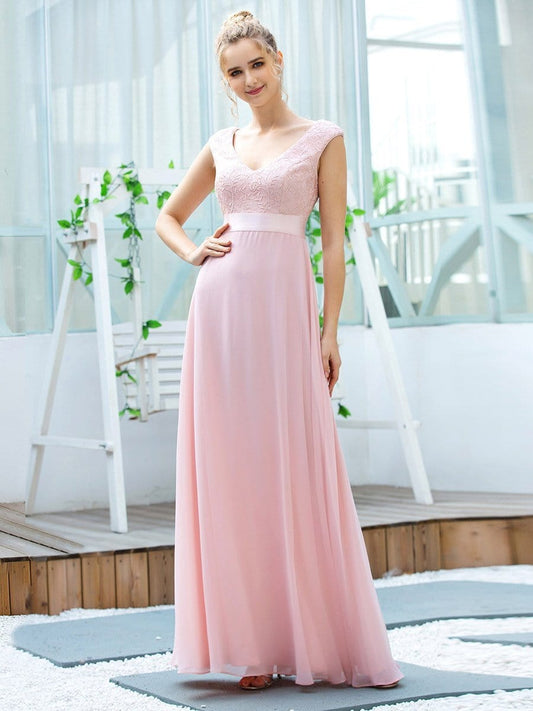 Women's Cute A-Line V Neck Embroidered Wholesale Chiffon Bridesmaid Dress EP00684PK04 Pink / 4