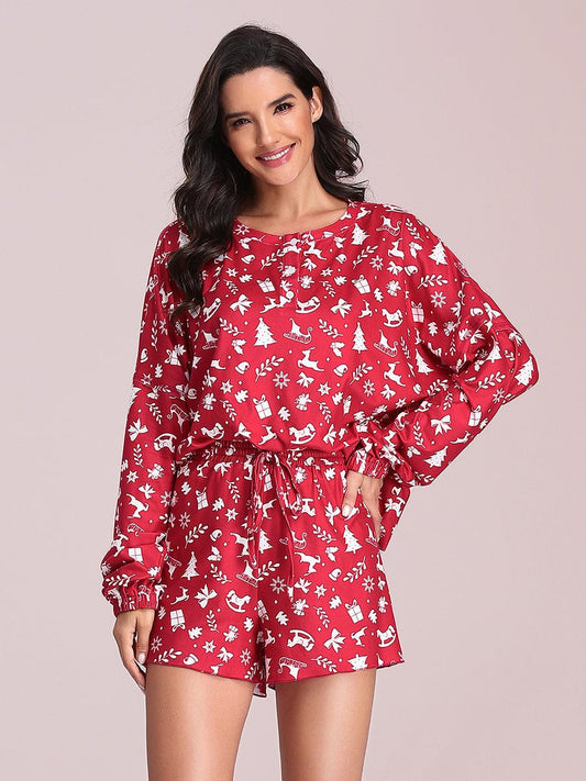 Women's Cute Long Sleeve Wholesale Printed Loungewear with Shorts EP01174RD04 Red / 4