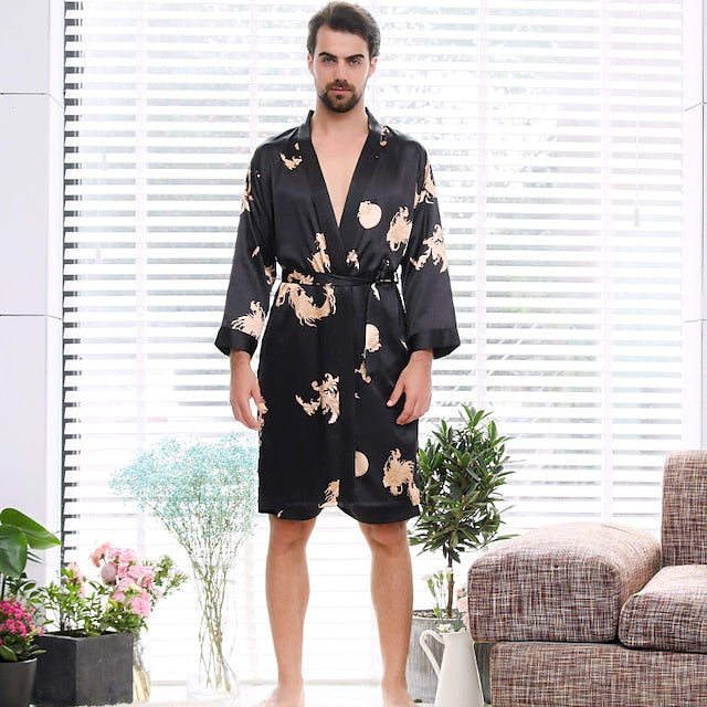 Men's Plus Size Pajamas Robe Silk Robe Sleepwear 2 Pieces Animal Luxury Home Faux Silk Polyester Long Sleeve Shorts Belt Included Spring Summer Black Blue