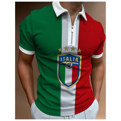 Men's Green Color Block 3D Print Polo Shirt with Zipper - Stylish Long Sleeve Golf Shirt for Men