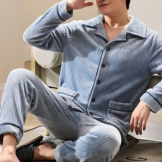 Men's Pajamas Loungewear Sets Sleepwear 2 Pieces Pure Color Fashion Plush Home Bed Polyester Lapel Long Sleeve Pant Fall Winter 1 2 / Flannel