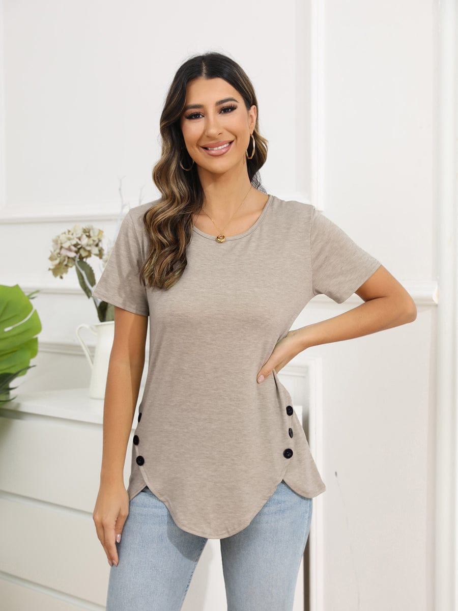 Irregular Button Short Sleeve Round Neck T-Shirt