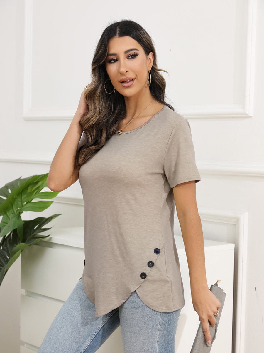 Irregular Button Short Sleeve Round Neck T-Shirt