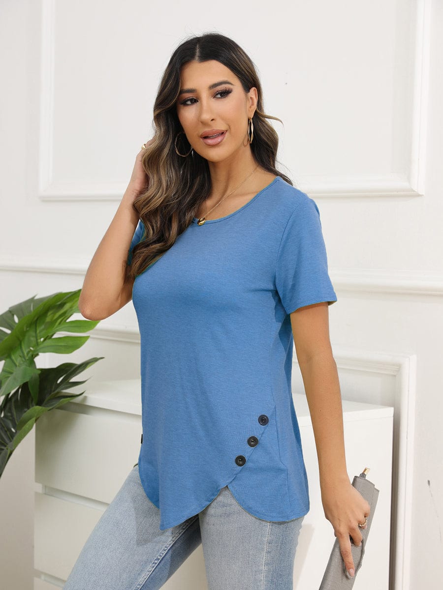 Irregular Button Short Sleeve Round Neck T-Shirt