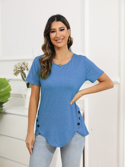 Irregular Button Short Sleeve Round Neck T-Shirt