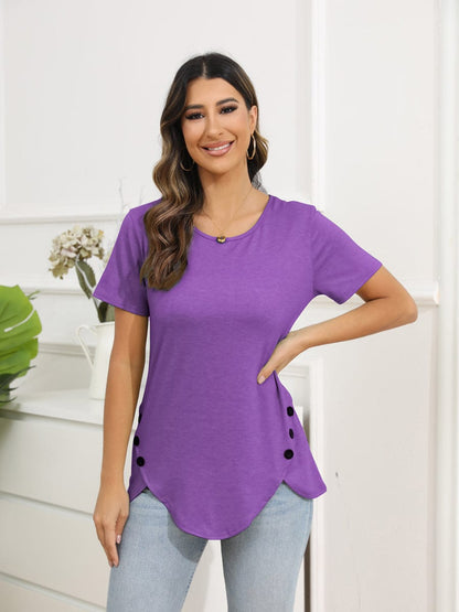 Irregular Button Short Sleeve Round Neck T-Shirt