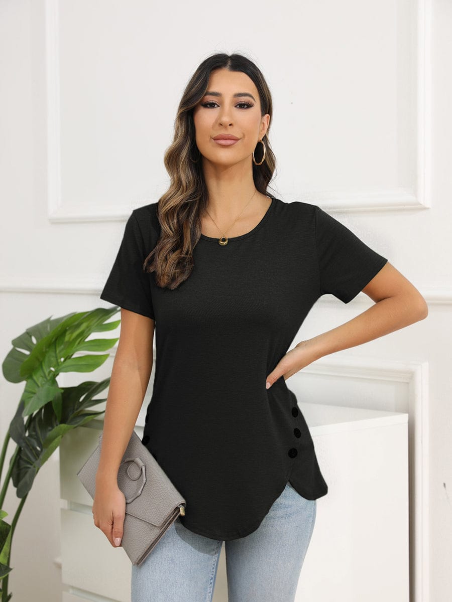 Irregular Button Short Sleeve Round Neck T-Shirt