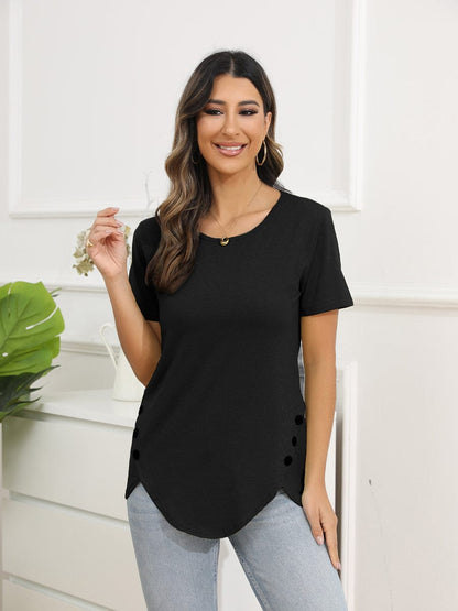 Irregular Button Short Sleeve Round Neck T-Shirt