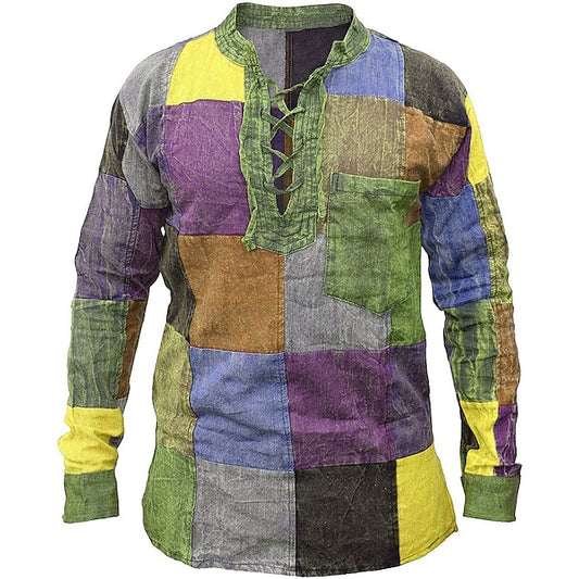 3D Print V Neck Men's Long Sleeve Color Block Patchwork Shirt in Blue Yellow Orange