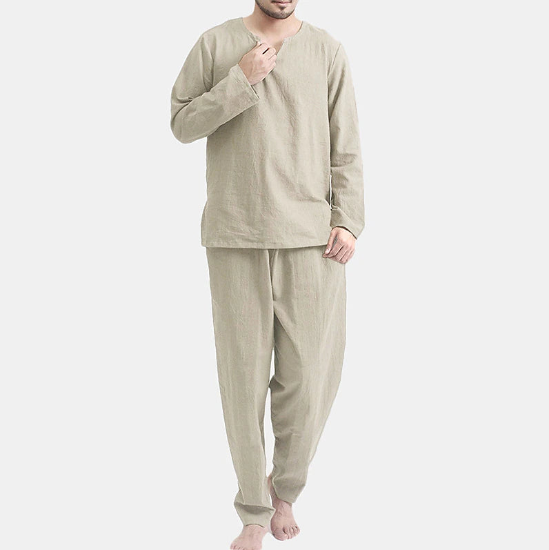 Men's Pajamas Sleepwear Pajama Top and Pant 2 Pieces Pure Color Casual Home Daily Cotton Blend Breathable Crew Neck Long Sleeve Pant Fall Spring khaki Grey