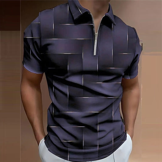 3D Geometric Print Men's Zip Polo Shirt for Outdoor Streetwear - Black & Purple, Spring/Summer Collection S M L