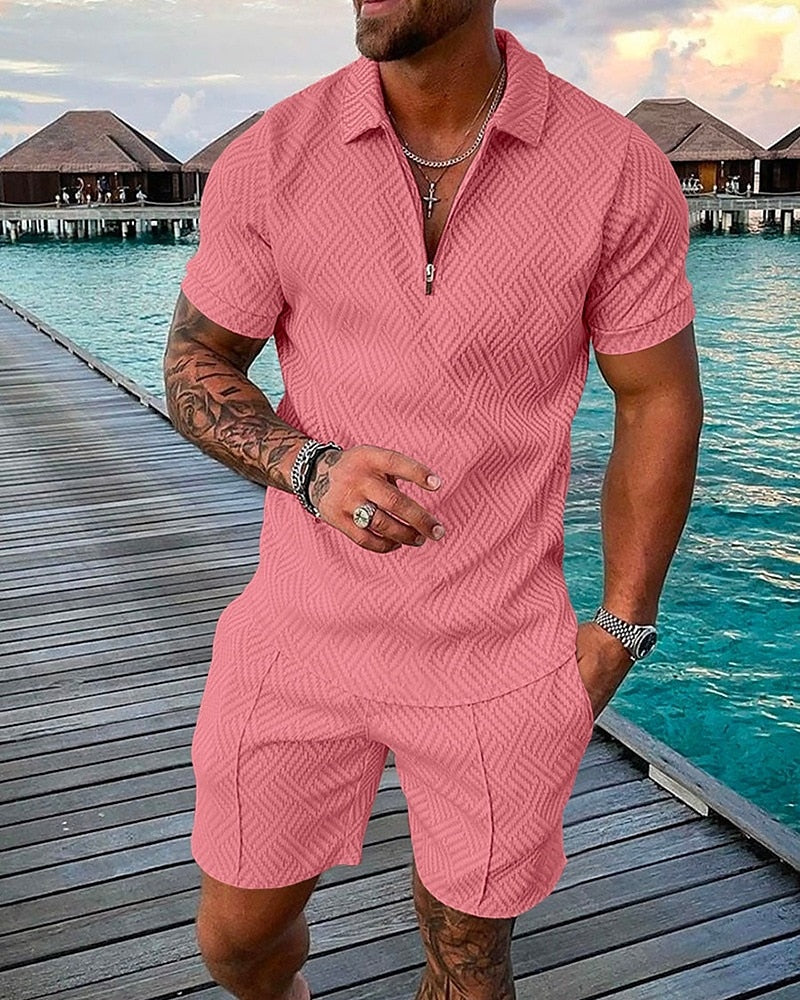 Men's Polo Shirt Golf Shirt Going out golf shirts Quarter Zip Short Sleeve Streetwear Sportswear Textured Waves Zipper Spring & Summer Slim Black Yellow Pink Red Navy Blue Blue Polo Shirt