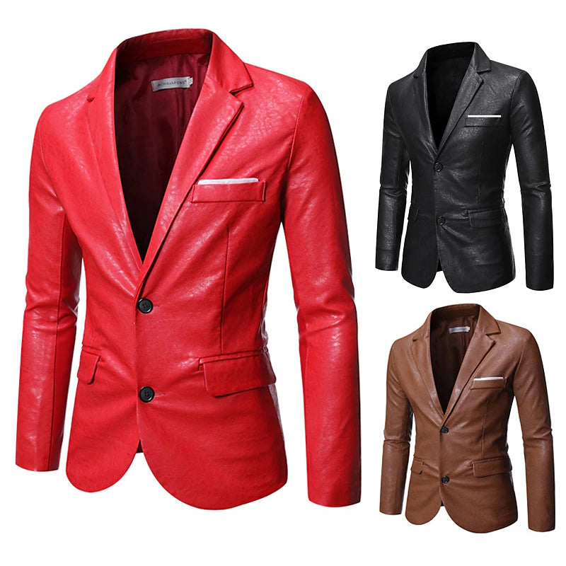 Men's Faux Leather Jacket Blazer Business Cocktail Party Party & Evening Fashion Casual Fall & Winter Polyester Plain Button Pocket Casual / Daily Single Breasted Two-button Blazer Black Red Coffee