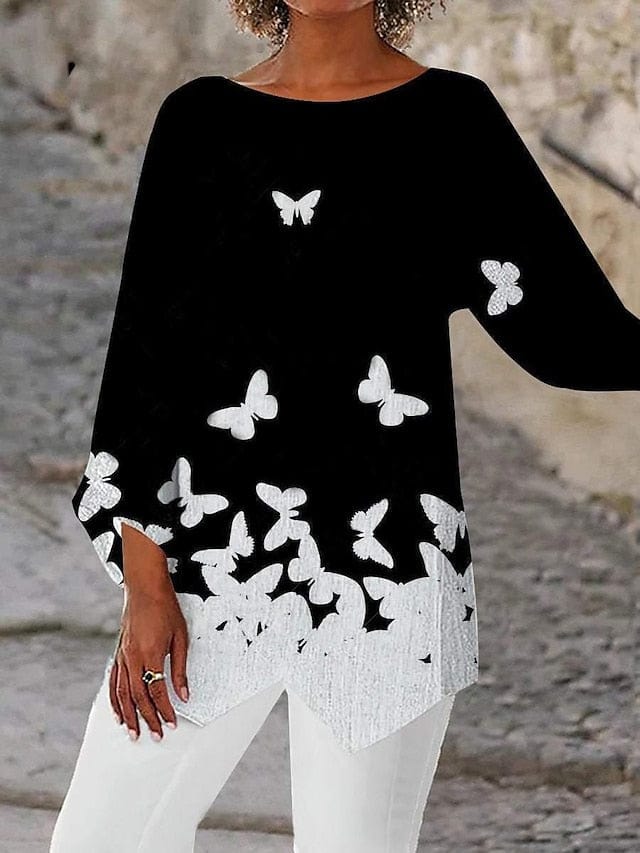 Women's Asymmetric Butterfly Print Blouse in Black, White, and Grey