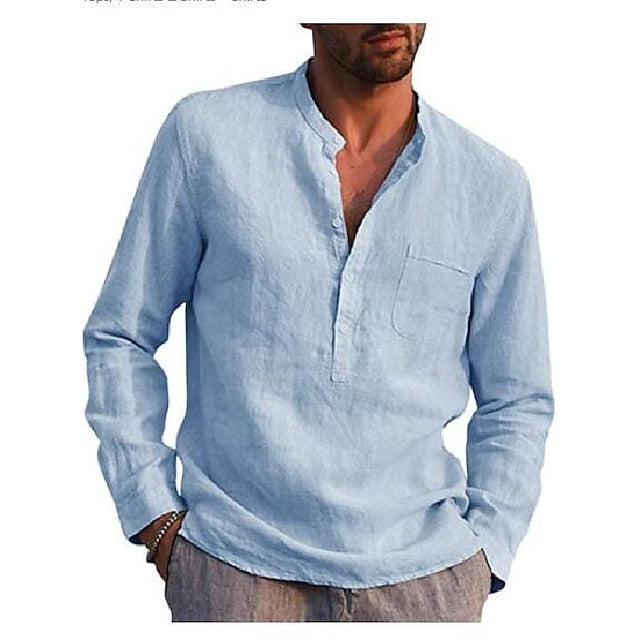 Summer Ready Men's Linen Hawaiian Shirt in Light Blue and Black - Long Sleeve Beach Apparel for Stylish Comfort