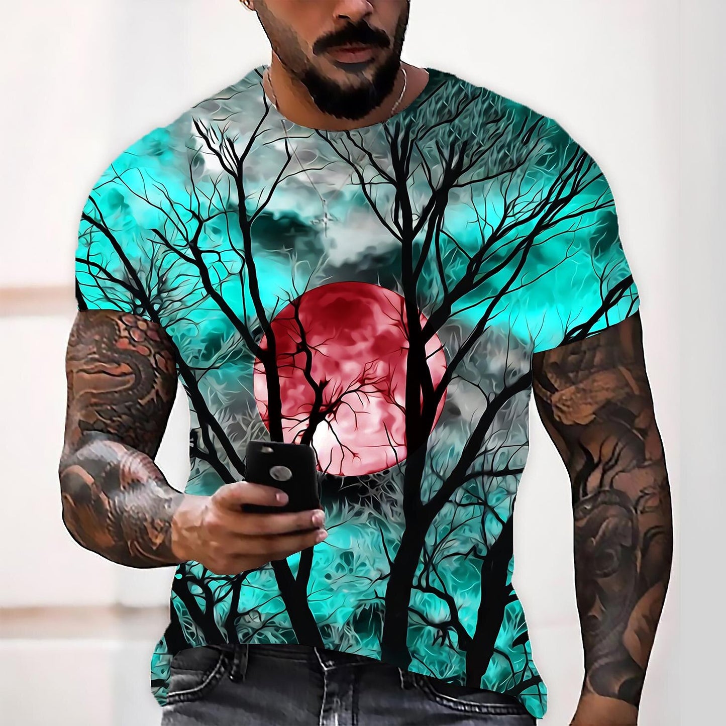 Trees Casual Mens 3D Shirt For Halloween | Purple Summer Cotton | Men'S Unisex Tee Moon Graphic Prints Crew Neck Wine Blue Yellow Red 3D Daily Short Sleeve