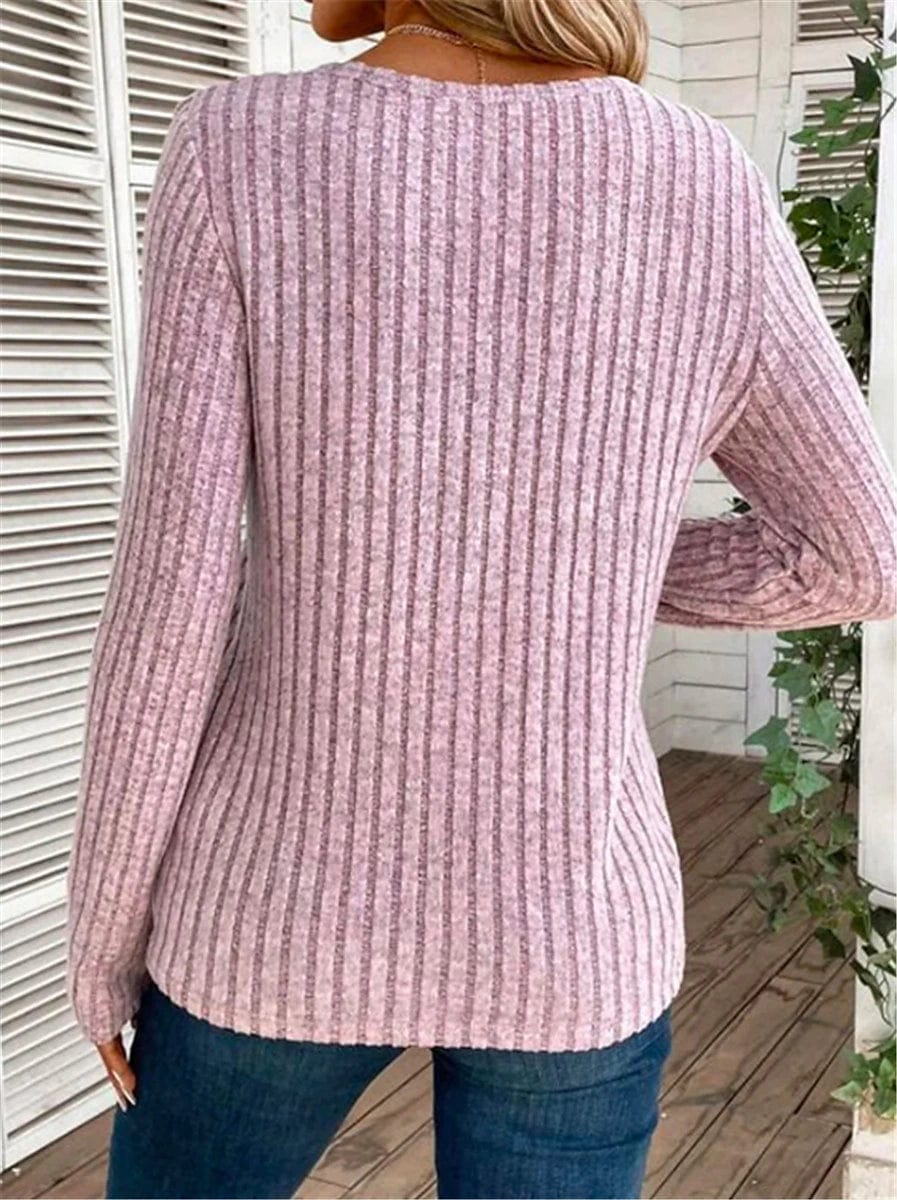 Purple Ribbed Long Sleeve Blouse for Women's Casual and Streetwear