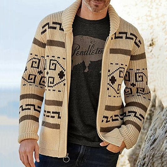 Men's Sweater Cardigan Zip Sweater Ribbed Knit Knitted Jacquard Abstract Lapel Stylish Vintage Style Daily Wear Clothing Apparel Fall Winter Navy Blue Khaki M L XL