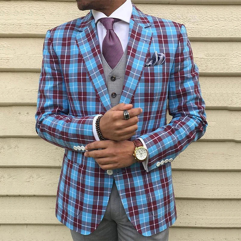 Men's Blazer Business Cocktail Party Wedding Party Fashion Casual Spring &  Fall Polyester Plaid Button Pocket Comfortable Single Breasted Blazer Blue