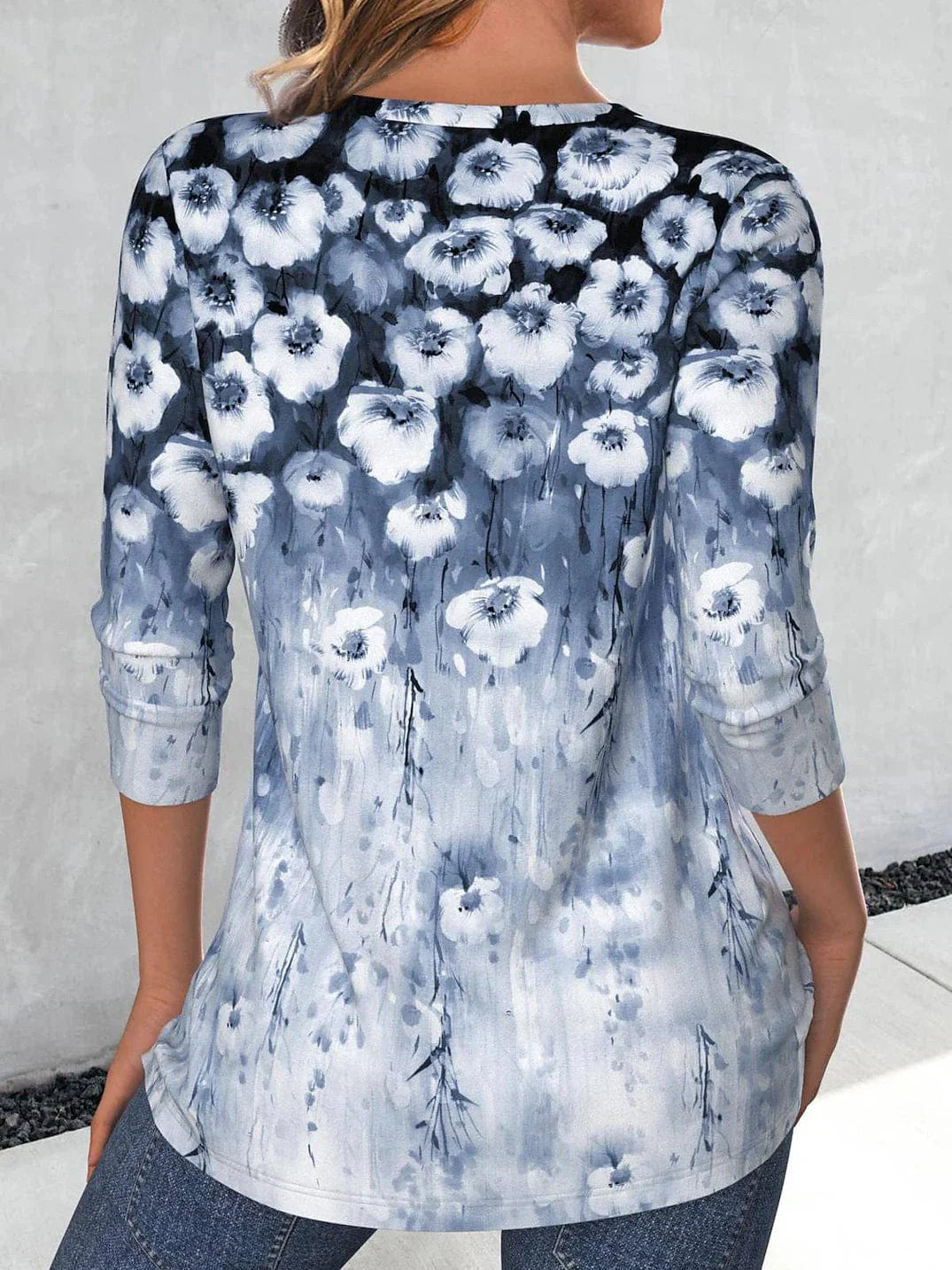 Stylish Floral Print Long Sleeve V Neck Women's T-Shirt for Spring & Fall