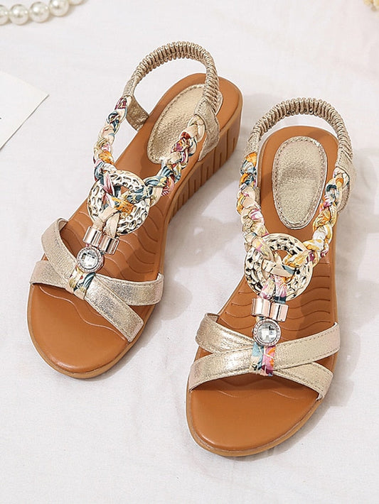 Women's Sandals Boho Bohemia Beach Wedge Sandals Plus Size Party Daily Beach Summer Rhinestone Wedge Heel Peep Toe Vintage Elegant Casual Faux Leather Elastic Band Color Block Black Silver Gold - LuckyFash™