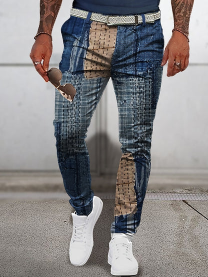 Christmas Patchwork Denim Pants Mens Graphic Plaid Geometry Business 3D Print Trousers Outdoor Street Wear To Polyester Navy Blue Royal Mid Waist Elasticity Casual Navy-Blue