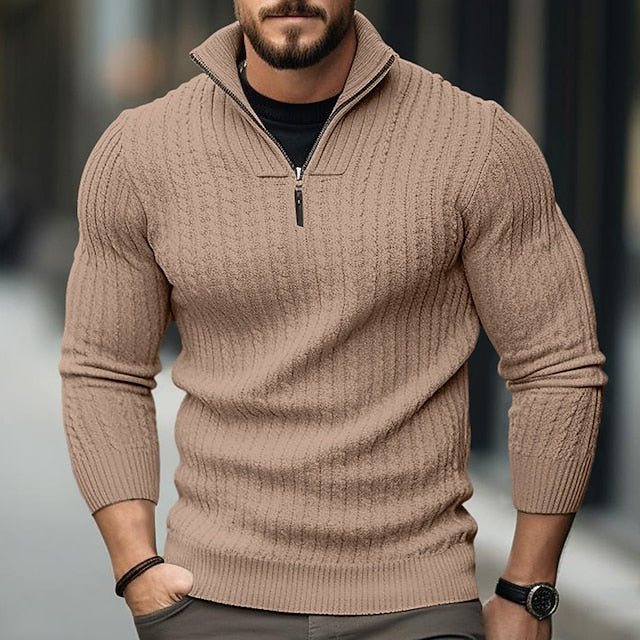 Men's Pullover Sweater Jumper Fall Sweater Ribbed Knit Regular Zipper Knitted Plain Stand Collar Modern Contemporary Work Daily Wear Clothing Apparel Winter Black Navy Blue S M L