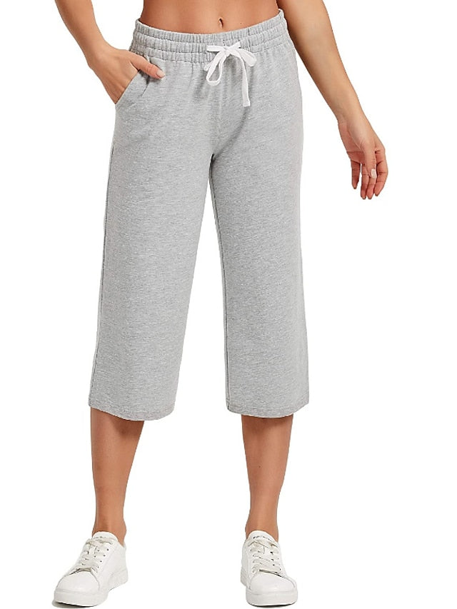 Women's Capri Pants Loose Yoga Cotton Capris Sweatpants with Pockets Wide Leg Drawstring Pants - LuckyFash™