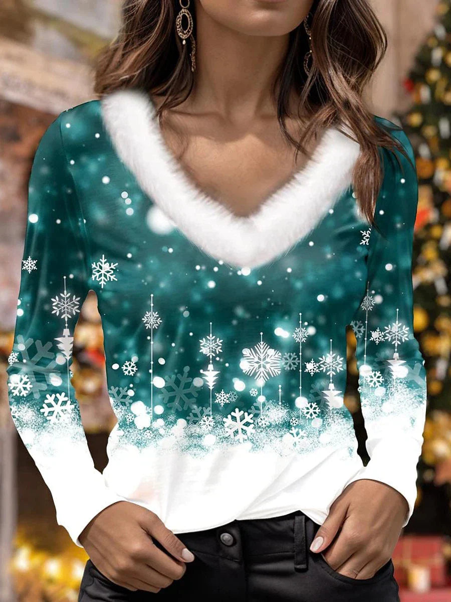 Festive Women's Snowflake Print Christmas Long Sleeve T-Shirt with Fur Collar