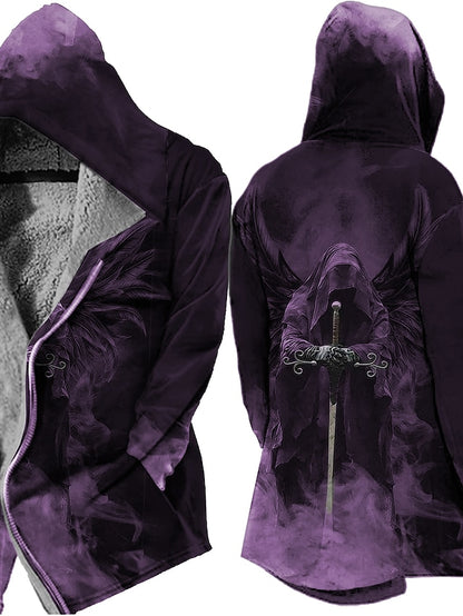 Gothic Purple Grim Reaper Hoodie - Men's Winter Jacket with Fleece Lining and Functional Pockets