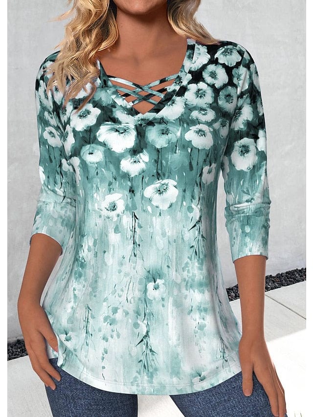 Stylish Floral Print Long Sleeve V Neck Women's T-Shirt for Spring & Fall